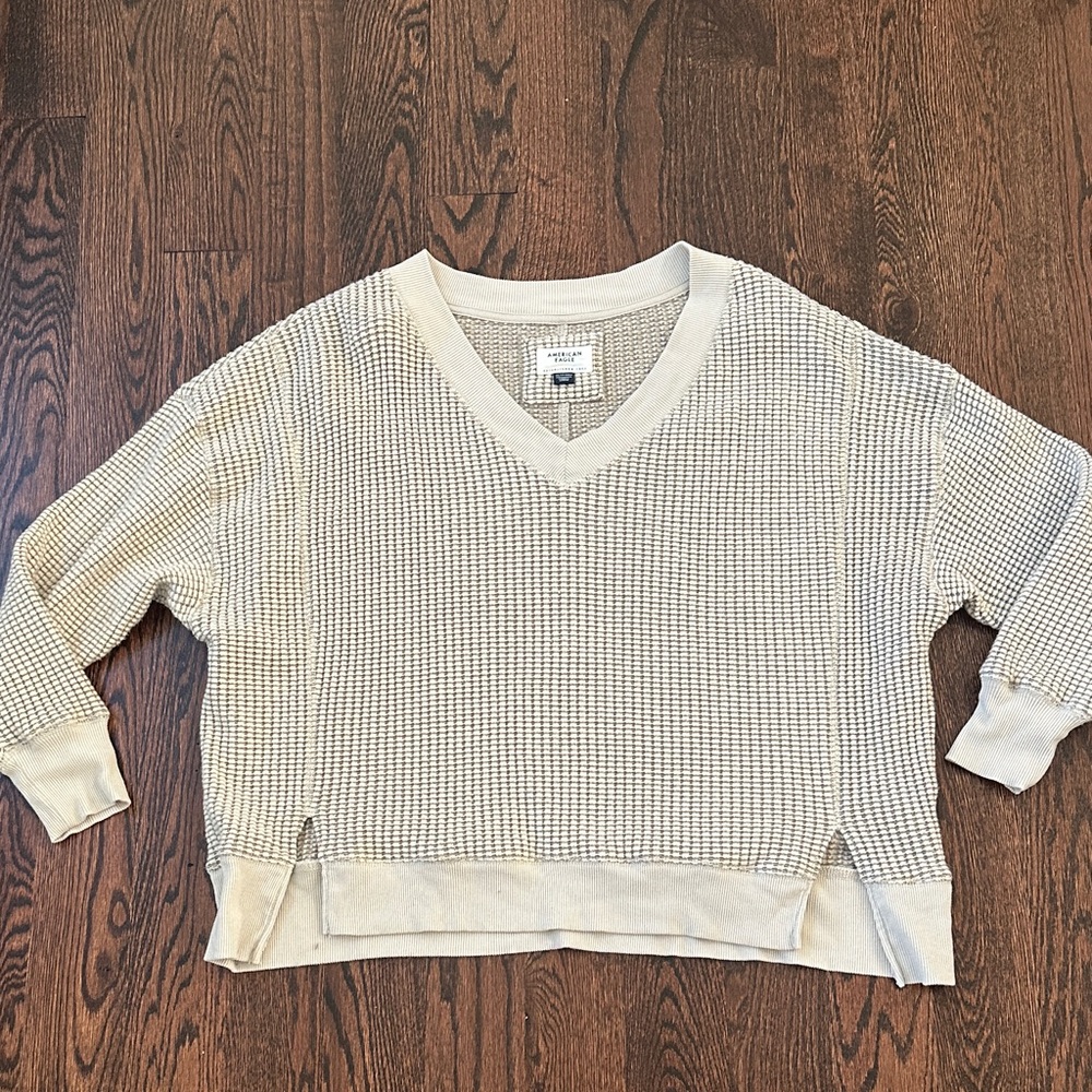 American Eagle Outfitters Cream Waffle V-Neck Sweater